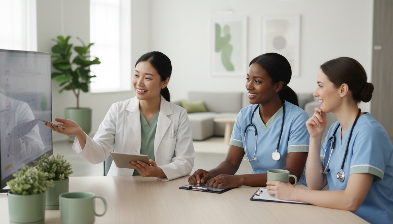 A small group of professional women representing care providers, smiling warmly and collaboratively in a modern office