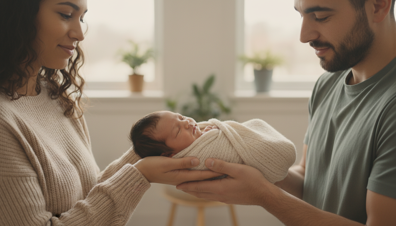 A warm, candid moment of a diverse young family interacting lovingly