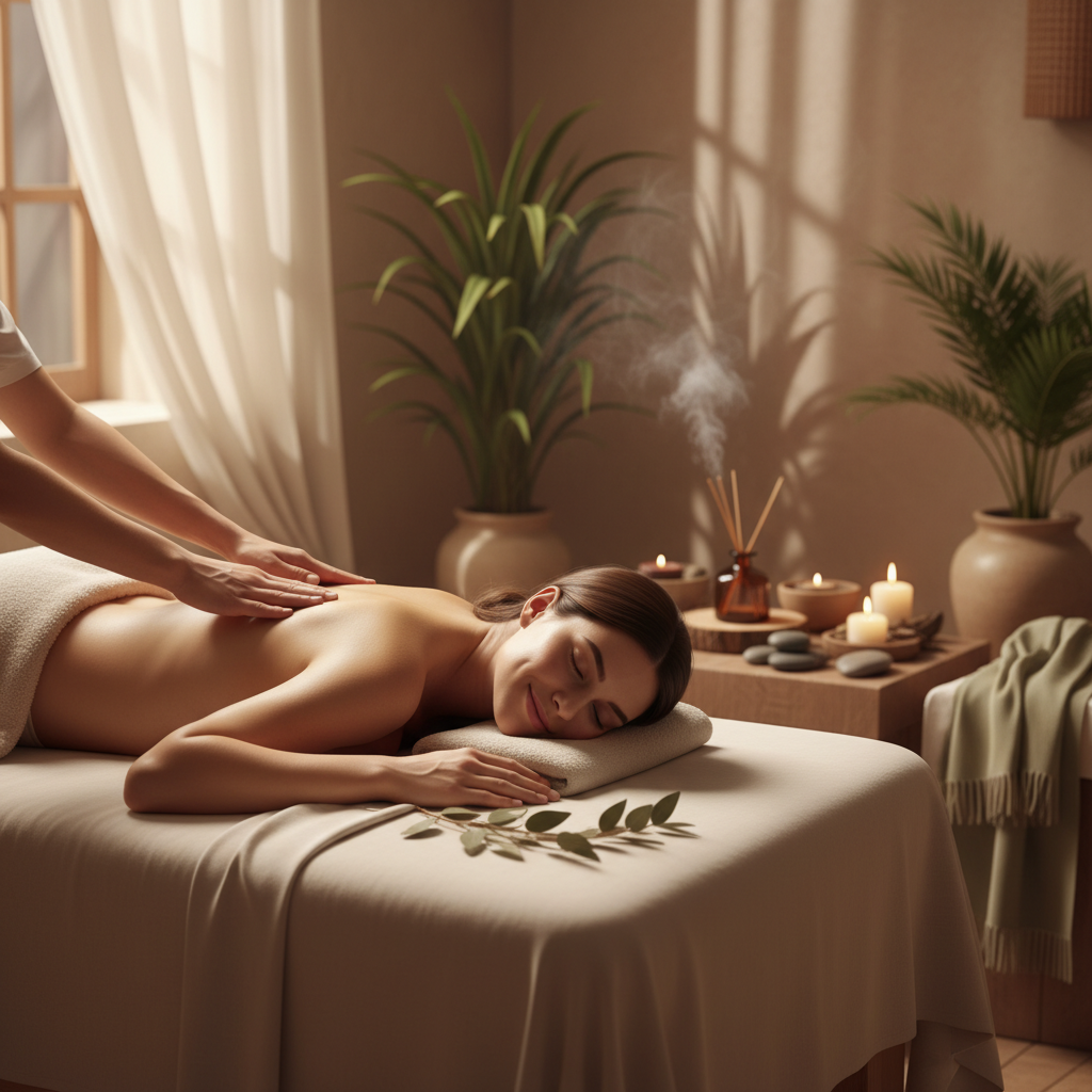 A serene image of a pregnant woman receiving a prenatal massage in a tranquil room