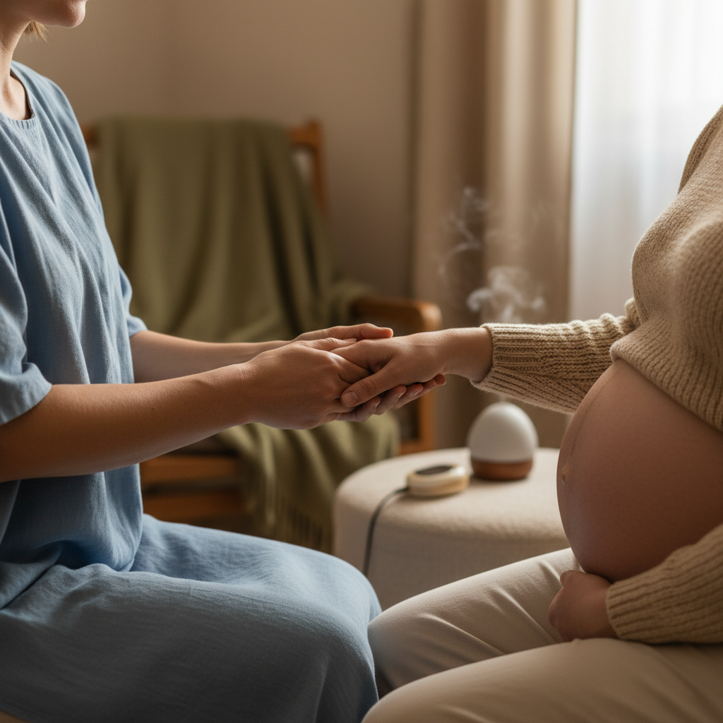 A comforting scene depicting a midwife gently supporting an expectant mother during a prenatal check-up