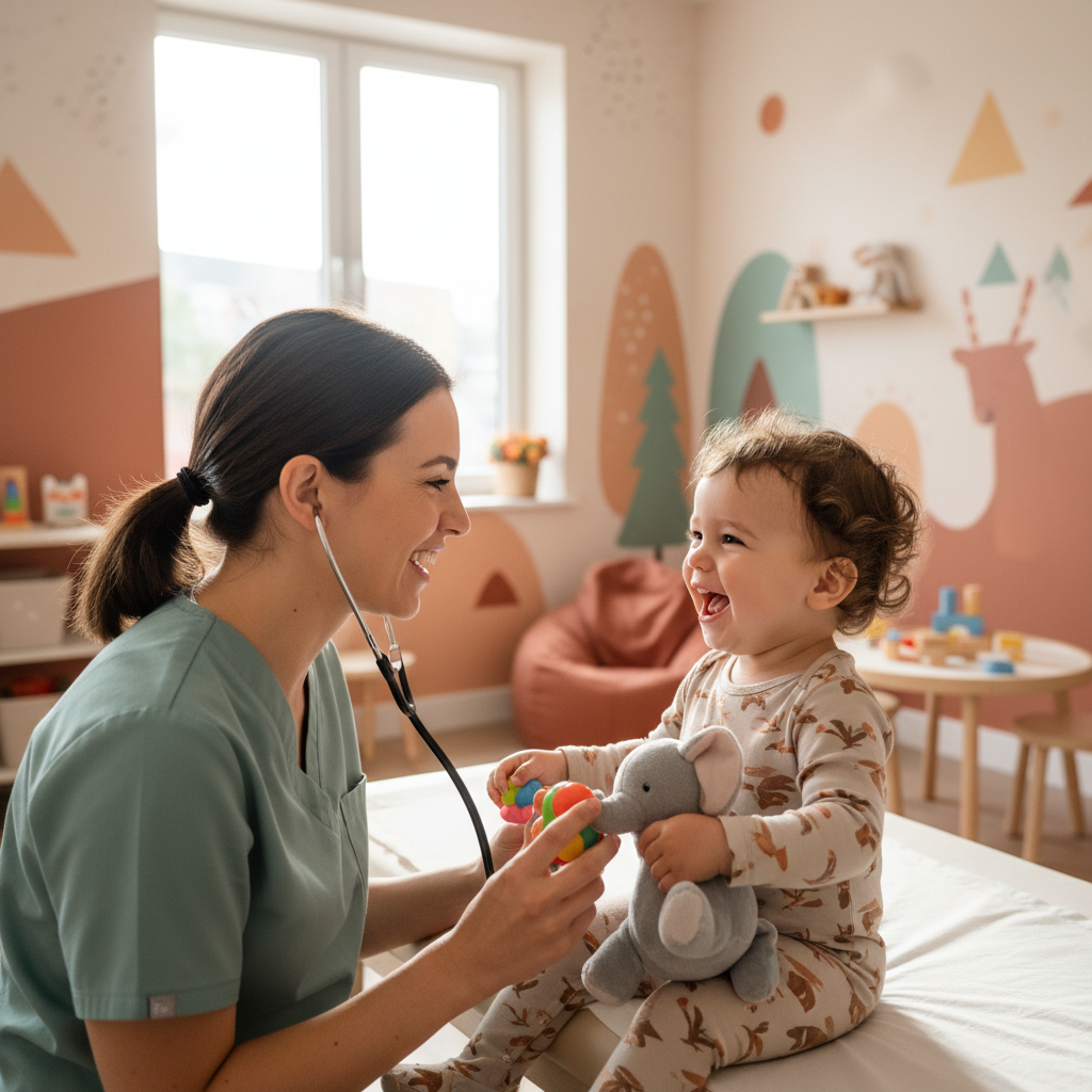 A pediatric practitioner interacting playfully and kindly with a young child during a check-up